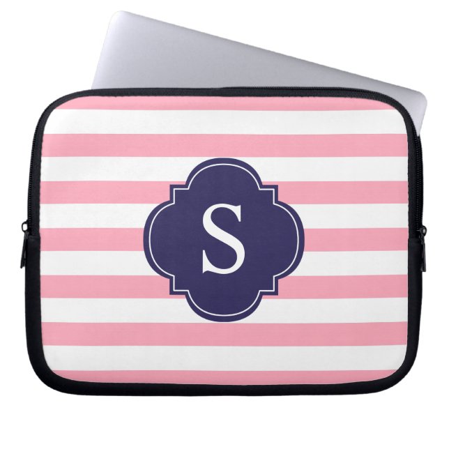 Monogramm Rosa und Blaue Streifen Laptopschutzhülle (Vorderseite)