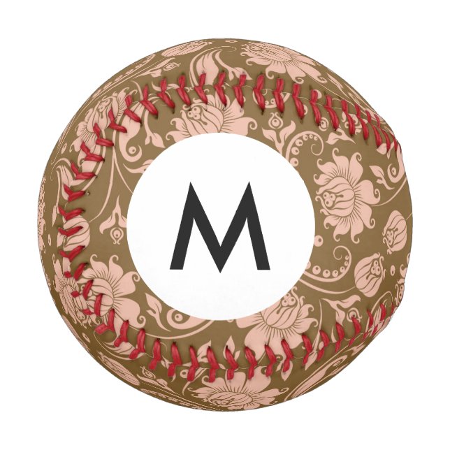 Monogramm, rosa und braun, florales Muster Baseball (Vorderseite Links)