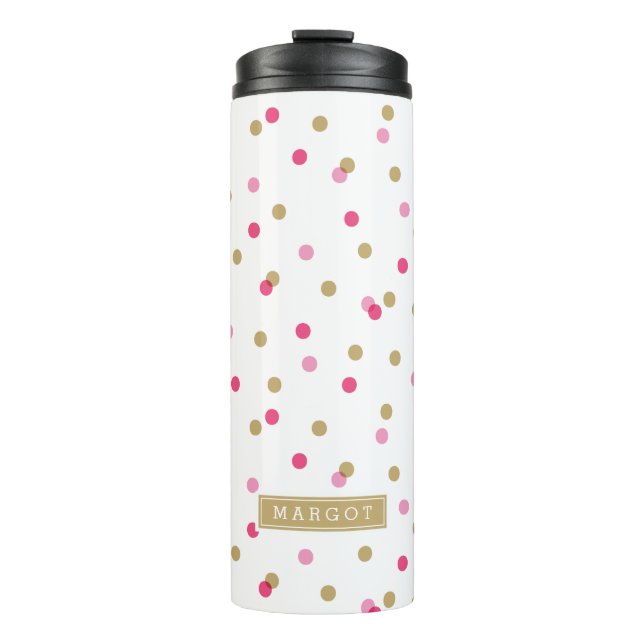 Monogramm rosa und goldene Konfetti-Dots Thermosbecher (Vorderseite)