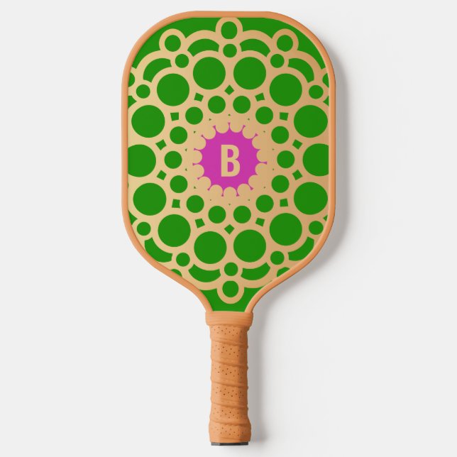 Monogramm, Rosa und Grün - Gold - Kreise Pickleball Schläger (Vorderseite)