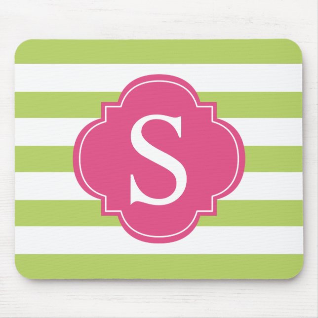 Monogramm Rosa und grüne Streifen Mousepad (Vorne)