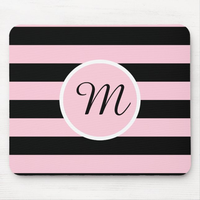 Monogramm Rosa und Schwarz Streifen Mousepad (Vorne)
