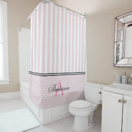 Monogramm rosa und weiße Streifen Duschvorhang