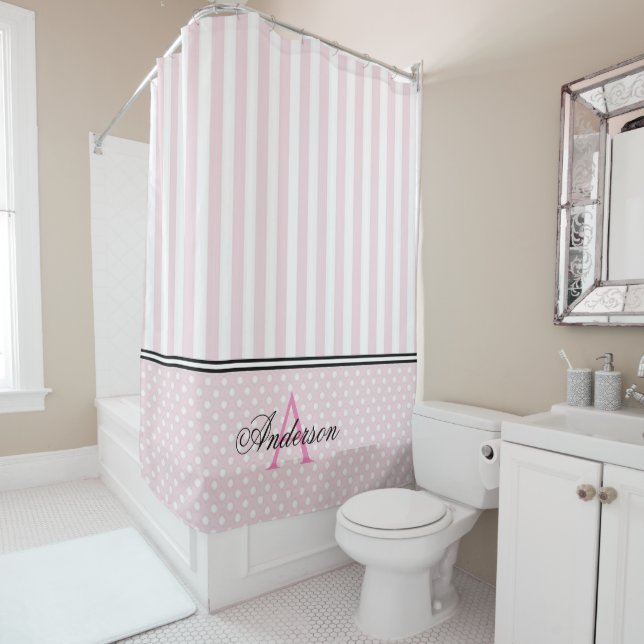 Monogramm rosa und weiße Streifen Duschvorhang (Beispiel)