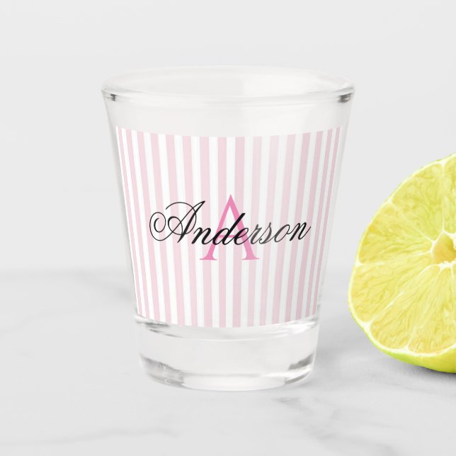 Monogramm rosa und weiße Streifen Schnapsglas (Vorderseite)
