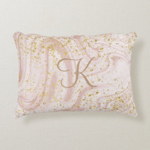 Monogramm Rosa und Weißmarmor Swirl Gold Glitzer Dekokissen