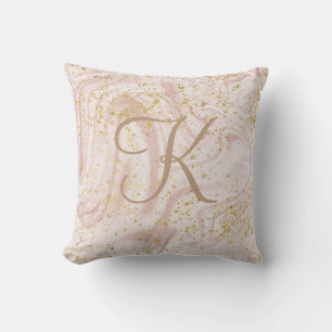 Monogramm Rosa und Weißmarmor Swirl Gold Glitzer Kissen