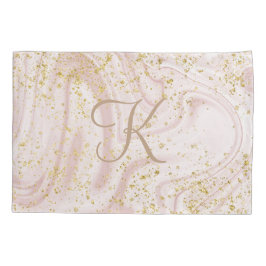 Monogramm Rosa und Weißmarmor Swirl Gold Glitzer Kissenbezug