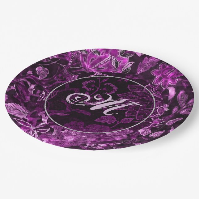Monogramm Rosa Vintage Blumen Papier Teller (Schrägansicht)