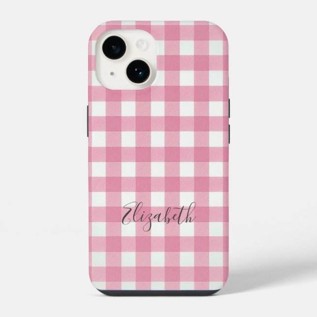 Monogramm Rosa Weiß Gingham Büffel Karo Kariert iPhone Hülle (Rückseite)