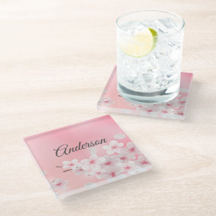 Monogramm Rosa Weiße Kirschblüten Floral Blumen Glasuntersetzer