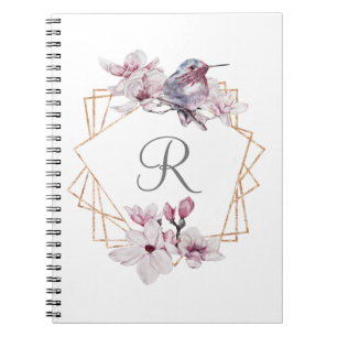 Monogramm Rosa Weiße Magnolien Vogel Goldrahmen Notizblock