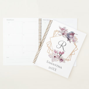 Monogramm Rosa Weiße Magnolien Vogel Goldrahmen  Planer