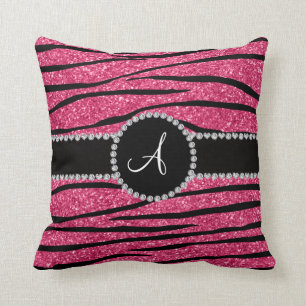 Monogramm rosa Zebra-Streifen-Kreis Kissen