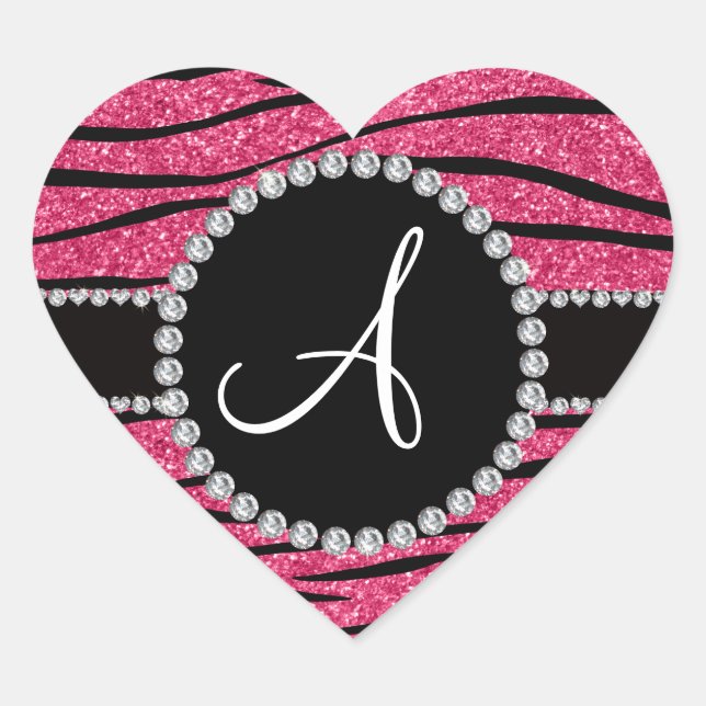 Monogramm rosa Zebrastreifen-Glitzer Herz-Aufkleber (Vorderseite)