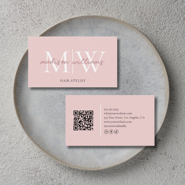 Monogramm Rosafarbenes QR-Code für Haarstylisten Visitenkarte (Monogram Blush Pink Hair Stylist QR Code Business Card)