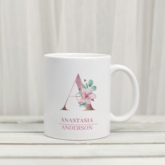 Monogramm Rose Gold Aquarell Blume Letter A Kaffeetasse (Von Creator hochgeladen)