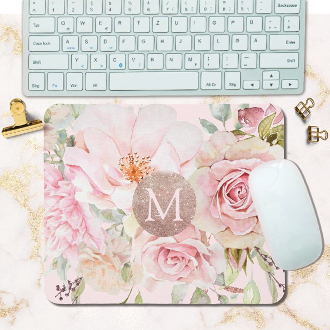 Monogramm Rose Gold Blush Pink Aquarellfarben Mousepad (In situ)