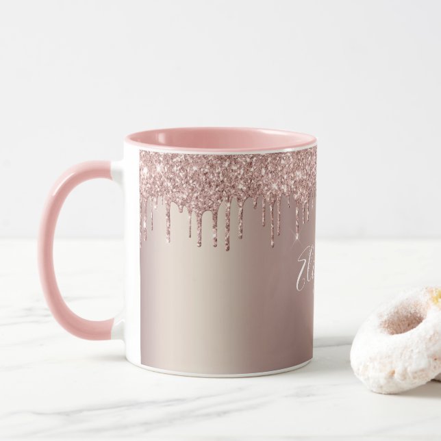 Monogramm Rose Gold Rosa Tropfen Glitzer Kaffee Tasse (Mit Donut)