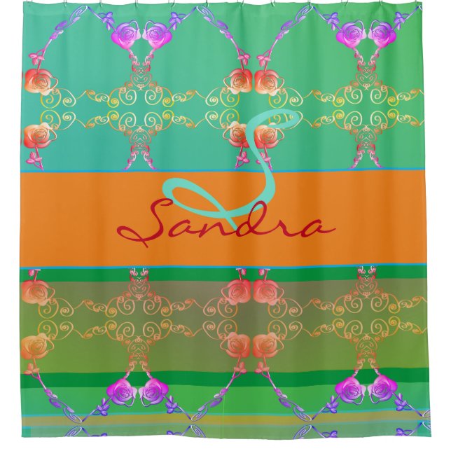 Monogramm Rose Herz Apricot aquamarin und Moss Duschvorhang (Vorderseite)