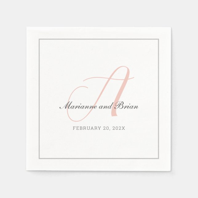 Monogramm-Rose Rosa, Blush und Dove Gray Serviette (Vorderseite)