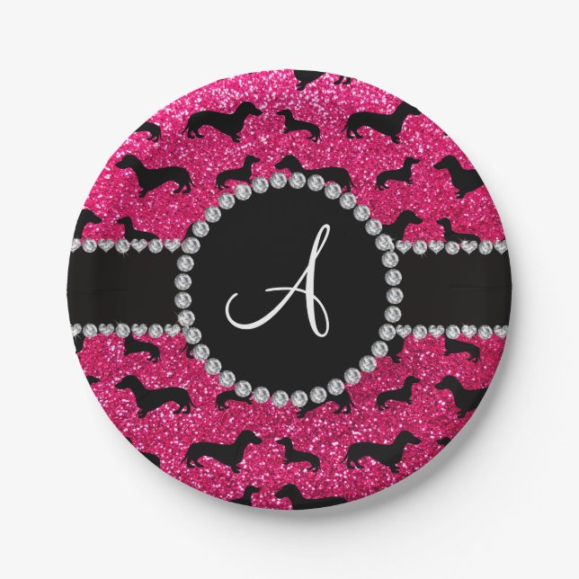 Monogramm Rose Rosa Glitzer Dackel Pappteller (Vorderseite)