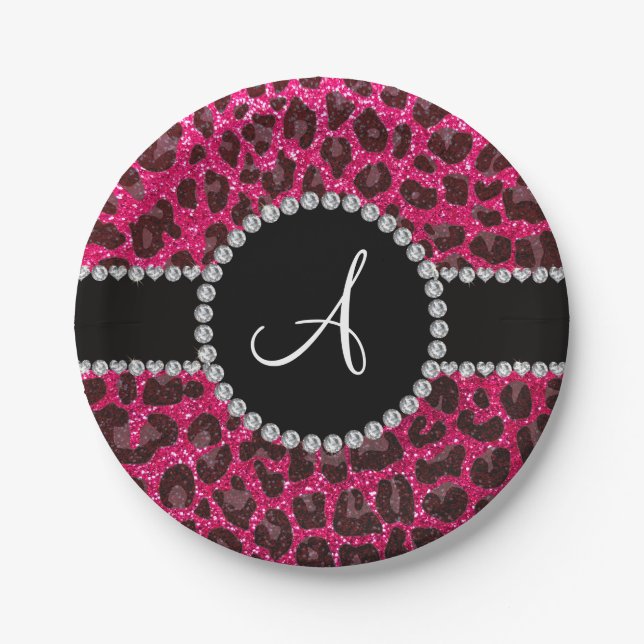 Monogramm Rose Rosa Glitzer Leopard Pappteller (Vorderseite)