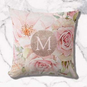 Monogramm-Roségold-Blush-Pink-Aquarell-Blumen Kissen