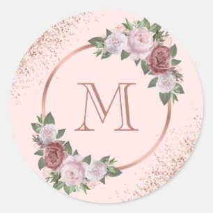Monogramm Roségold Blush Rosa Floral Runder Aufkleber