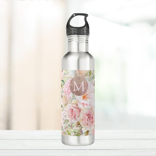 Monogramm Roségold Blush Rosa Wasserfarben Blumen  Edelstahlflasche