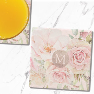 Monogramm Roségold Blush Rosa Wasserfarben Blumen  Steinuntersetzer