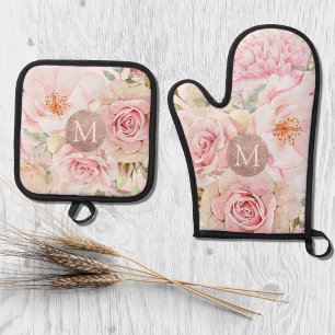 Monogramm Roségold Blushrosa Wasserfarben-Blumen Ofenhandschuh & Topflappen-Set