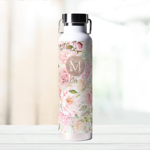 Monogramm Roségold Blushrosa Wasserfarben-Blumen Trinkflasche