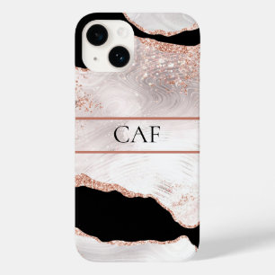 Monogramm Roségold Glitterachat Schwarz Weiß Wirbe Case-Mate iPhone 14 Hülle