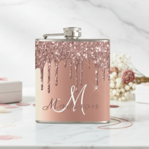 Monogramm Roségold Glittertropfen Girly Funkeln Flachmann
