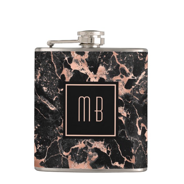Monogramm Roségold Schwarz Marmor Flachmann (Vorderseite)