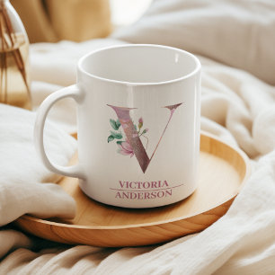 Monogramm Roségold Wasserfarbe Blumen Buchstabe V Kaffeetasse