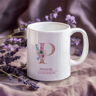 Monogramm Roségold Wasserfarbe Blumenbuchstabe P   Kaffeetasse