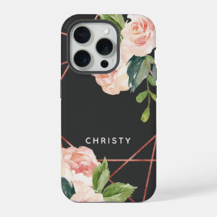 Monogramm Rosen Gold Wasserfarbe Blumen Dunkelgrau iPhone 15 Pro Hülle