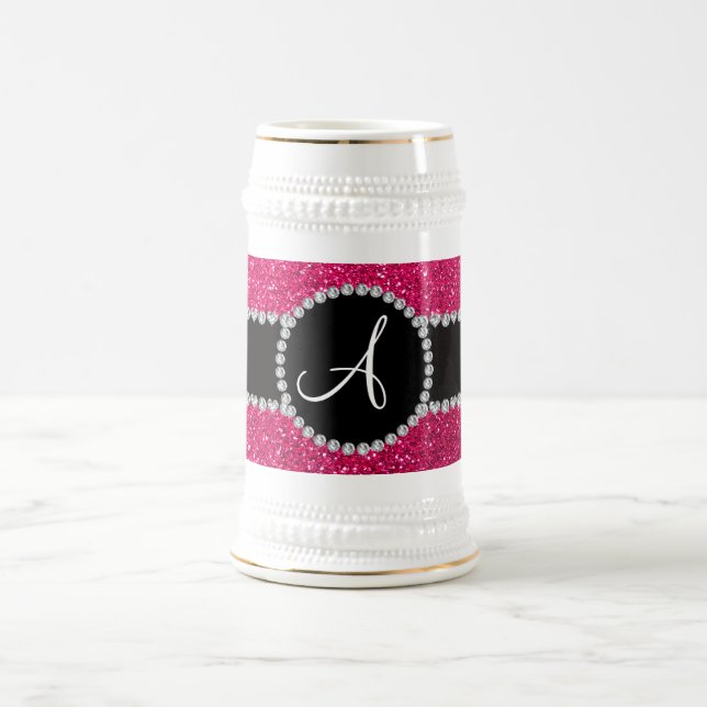 Monogramm-Rosenrosa-Glitter-Diamantkreis Bierglas (Mittel)