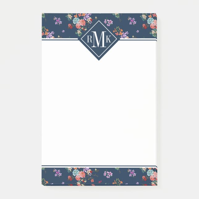 Monogramm | Rosenstrauß-Blumenmuster Post-it Klebezettel (Vorderseite)