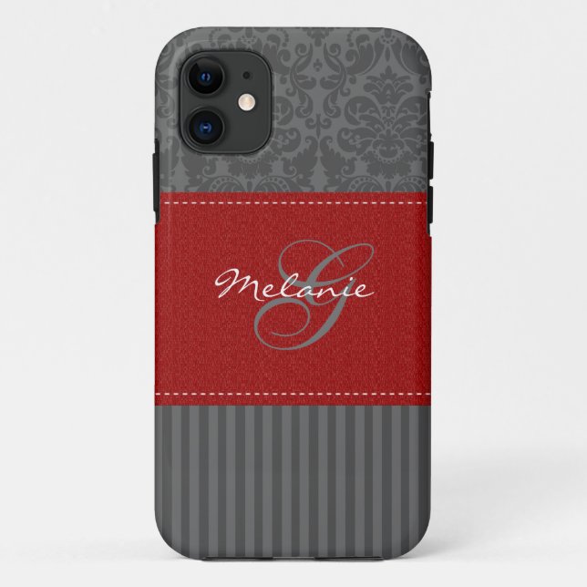 Monogramm rot, grauer Damast-Streifen iPhone 5 Case-Mate iPhone Hülle (Rückseite)