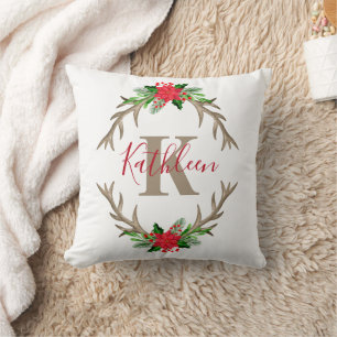 Monogramm Rot Grün Weihnachten Floral Geweihe  Kissen