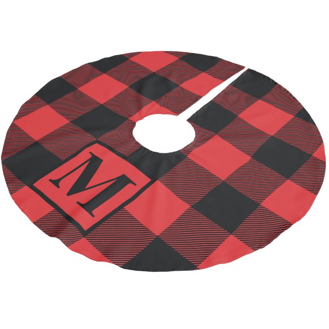 Monogramm Rot und Schwarz Buffalo Kariert Polyester Weihnachtsbaumdecke (Schrägansicht)