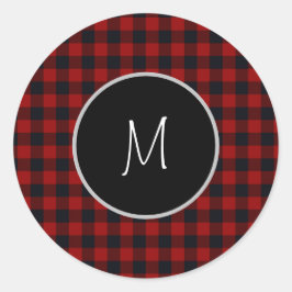 Monogramm Rot und Schwarz Buffalo Kariert Runder Aufkleber