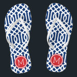 Monogramm Rot-Weiß und Blau-Trellis Flip Flops<br><div class="desc">Maßgeschneiderte,  bedruckte Flop-Sandalen mit einem stilvollen,  modernen Trellis-Muster und einem eigenen Monogramm oder einem anderen Text in einem Kreisrahmen. Klicken Sie auf Anpassen,  um Schriftart und Farben zu ändern oder eigene Bilder hinzuzufügen,  um ein einzigartiges Design zu erstellen!</div>