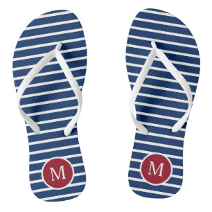Monogramm Rot-Weiß und Blauer Streifen Flip Flops