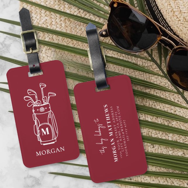 Monogramm rote Golftasche Gepäckanhänger (Monogram Red Golf Bag Luggage Tag)