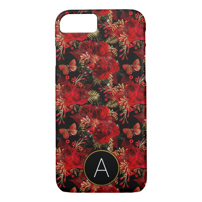 Monogramm-Rote Rosen und Schmetterlingsmuster Case-Mate iPhone Hülle (Rückseite)