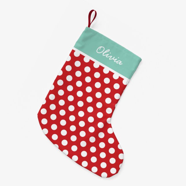 Monogramm rote und Aqua Holiday Dots Kleiner Weihnachtsstrumpf (Vorderansicht (hängend))